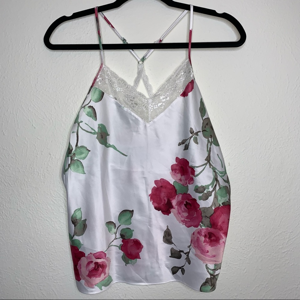 White Satin Pink Floral Tank with lace Size s